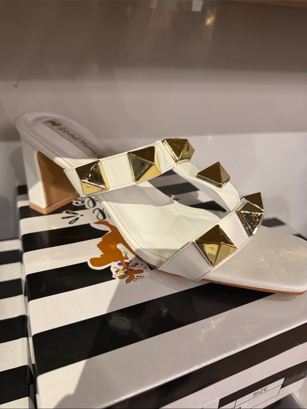 White Studded Block Heel Sandals with Gold Pyramid Accents CC